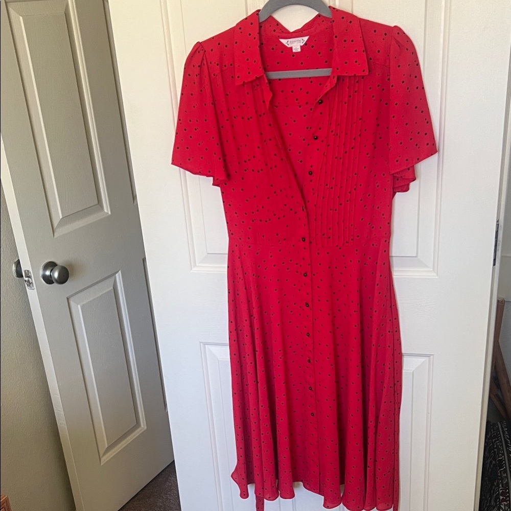 Nanette Lepore Red Button Up Midi Dress with Black Polka Dots - Picture 2 of 10